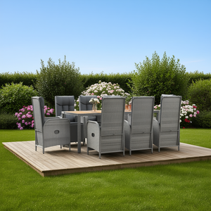 Ensemble de salle à manger de jardin en rotin gris 6 places, mobilier d'extérieur résistant aux intempéries, design contemporain, plateau en teck - Product Image 2