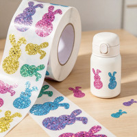Rollo de Pegatinas de Conejitos con Purpurina Holográfica, Etiquetas Decorativas de Conejos con Corte Irregular para Manualidades de Pascua, Sellado de Regalos