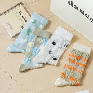 Spring Summer Women Thin Transparent Glass <b>Silk</b> <b>Socks</b> Cute Floral Crystal <b>Socks</b> Japanese Style Mid Calf Ins Trendy <b>Socks</b> - Product Image 1