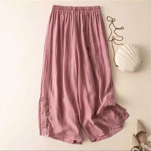 Women's Chinese Style Embroidered Cotton Linen Wide Leg Pants Pink Loose Casual Summer Pants 2025 New Arrival - Product Image 1