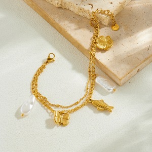 Fashionable Gold Plated Stainless Steel Double Layered Chain Bracelet With Butterfly Koi Pearl Pendant Unisex Jewelry Gift - Product Image 3