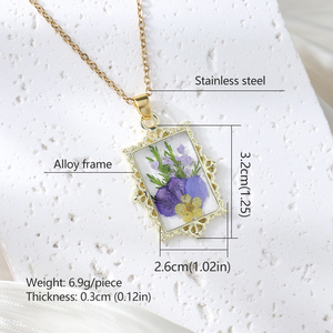 Collier <span class=keywords><strong>de</strong></span> style peinture à l'huile avec fleurs séchées véritables, pendentif encadré sculpté, plaqué or, en résine florale, chaîne <span class=keywords><strong>de</strong></span> clavicule pour pull - Product Image 3
