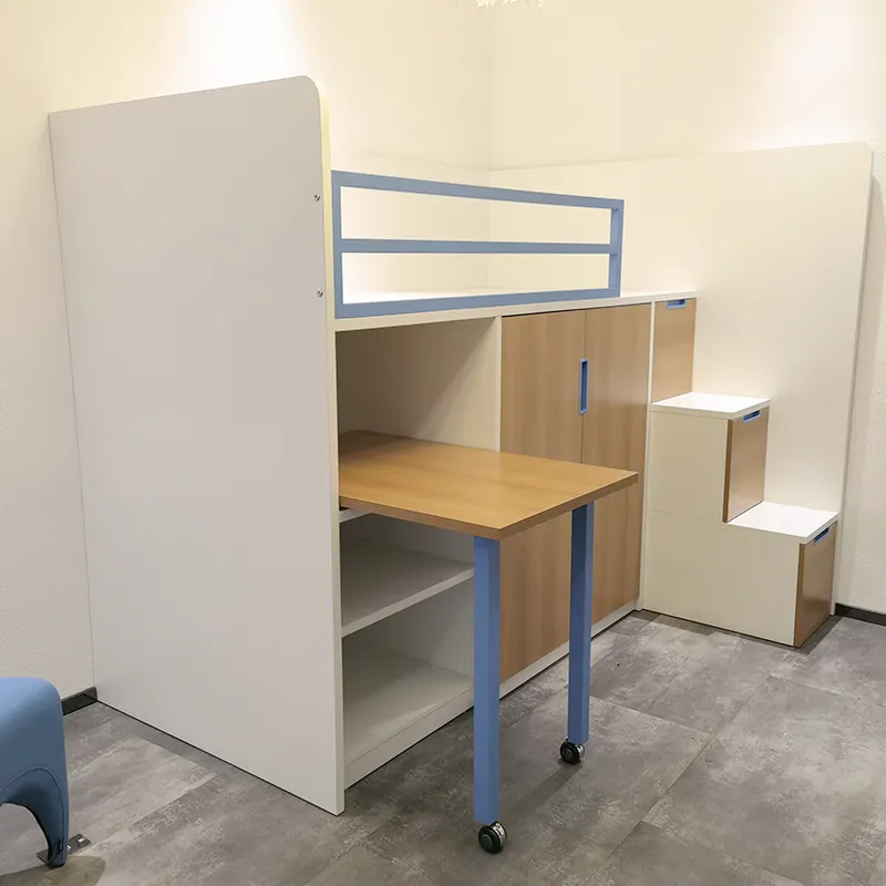 Litera de madera para habitación de niños, Set de almacenamiento y escaleras con escritorio con ruedas