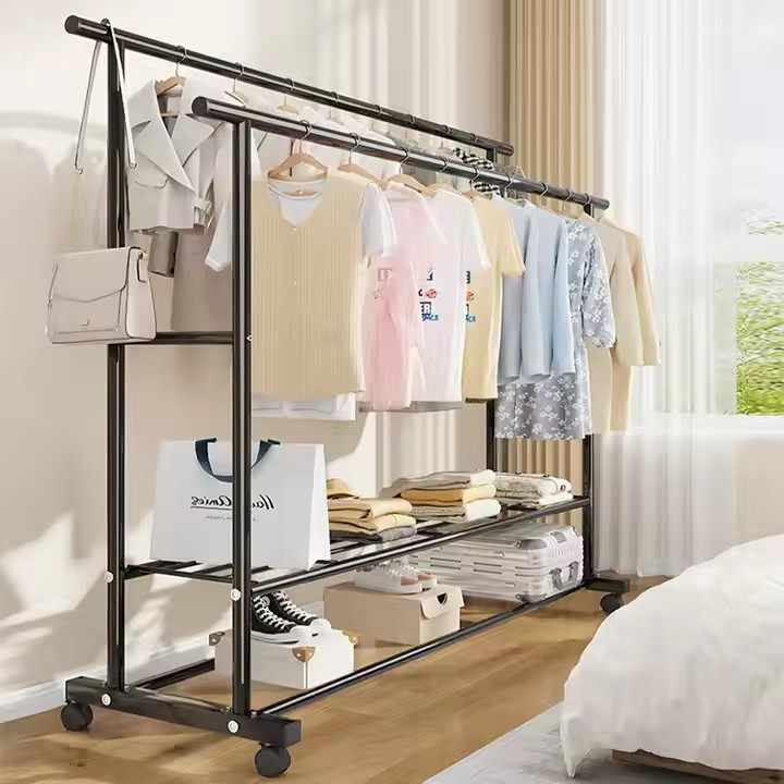 Factory New Double Rod Bedroom Clothes Rack Movable Metal Garment ...