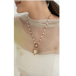Pearl and <b>Ruby</b> Beaded Kundan Pendant <b>Necklace</b> Traditional Beaded Kundan Jewelry Set for Women Ethnic Fashion Accessories - Product Image 1