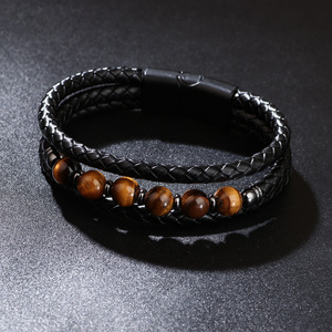 Bracelet en cuir tissé pour homme avec perles de sept couleurs et fermoir magnétique, bijoux tendance - Product Image 3