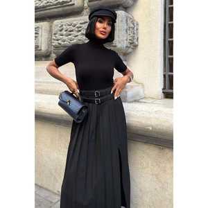 กระโปรงจีบเอวสูงทรงหรูหราพร้อมดีเทลเข็มขัดคู่และผ่าด้านหน้าสำหรับผู้หญิง 4055 - Product Image 2