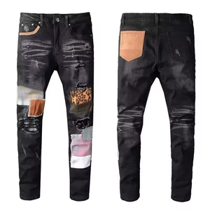 Y2K Streetwear Skinny Jeans Hombres <span class=keywords><strong>Slim</strong></span> <span class=keywords><strong>Fit</strong></span> Ripped Distressed Stonewashed Bordado Parche Vintage Hip Hop Pantalones de mezclilla - Product Image 1