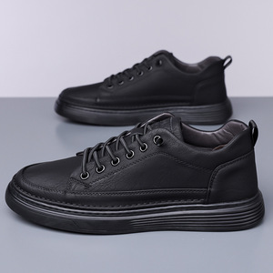 Zapatillas Casuales de Piel Negra para Hombre, con Punta Redonda, Cordones, Suela de Goma, para Todas las Temporadas - Product Image 1