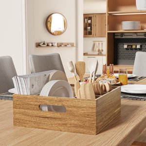 Organizador de cubiertos de madera con múltiples compartimentos y asas, caja de almacenamiento rectangular para picnic, fácil de transportar. - Product Image 1