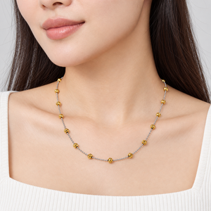 Two Tone Textured <b>Bead</b> Necklace Stainless Steel <b>Silver</b> Chain 18K Gold Vacuum Plated Grooved <b>Beads</b> - Product Image 5