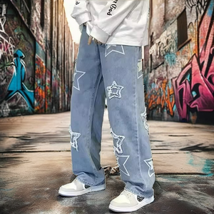 Custom High Quality Vintage Washed Straight Leg Hip-Hop Streetwear Denim Men Knitted <b>Embroidered</b> Freaking Wicked Fashion <b>Jeans</b> - Product Image 2
