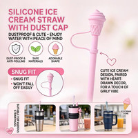 Paille en silicone de qualité alimentaire avec bouchon anti-poussière en forme de chapeau de crème glacée, paille en silicone mignonne à motif de dessin animé compatible avec le gobelet Stanley