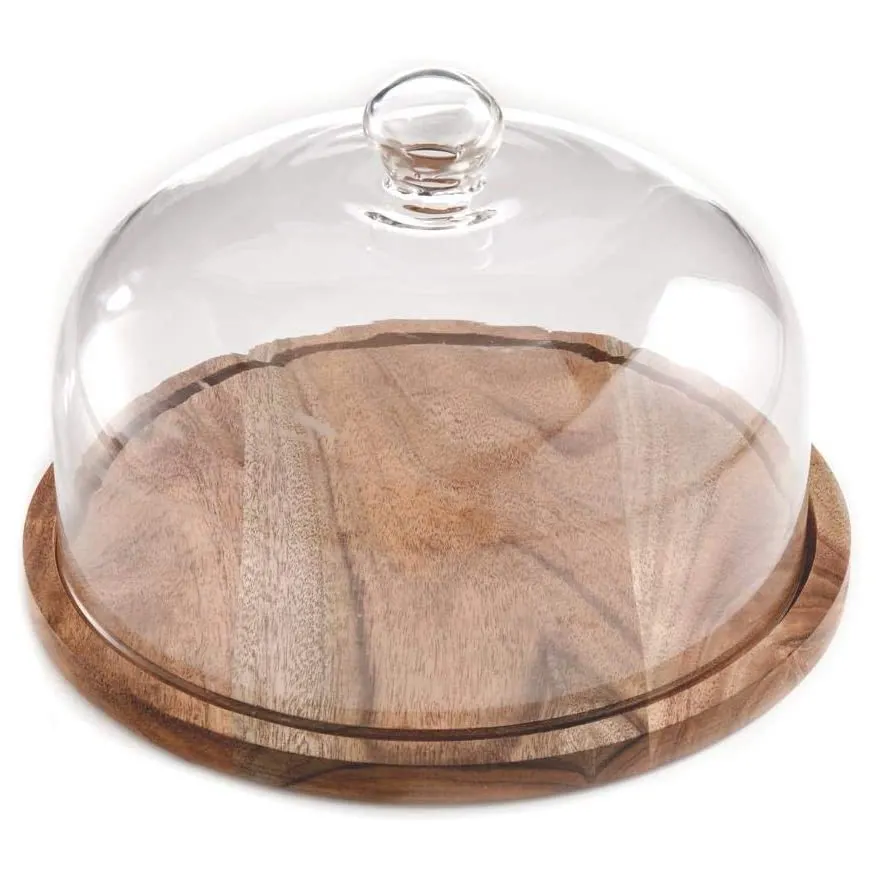 Groothandel Custom Acacia Houten Ronde Cake Stand Plaat Serveren Creatieve Dienbladen Met Glazen Koepel