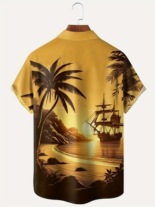 <span class=keywords><strong>Camicia</strong></span> a maniche corte da <span class=keywords><strong>uomo</strong></span> con stampa digitale 3D di paesaggio hawaiano al tramonto, con bottoni e tasche, taglie forti - Product Image 3