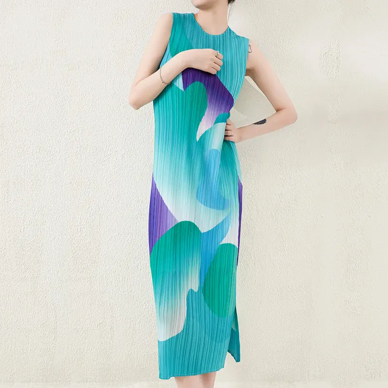 Miyake Pleated Print Dress Summer 2020 New Female Temperament High-end Round Neck Sleeveless Women Casual Pleated Dresses