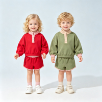 Ensemble 2 pièces confortable pour tout-petits : Sweat-shirt col Henry en coton gaufré color block et short à taille élastique