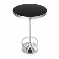 Table de bar ronde stable avec anneau repose-pieds, base large en chrome, hauteur réglable, piétement unique, support à cocktail compact