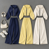 OEM ODM Personnalisé Ensemble de survêtement décontracté pour femme en molleton bouclette, comprenant un sweat à capuche zippé style corset et un pantalon taille haute à cordon de serrage et jambes larges, plusieurs couleurs