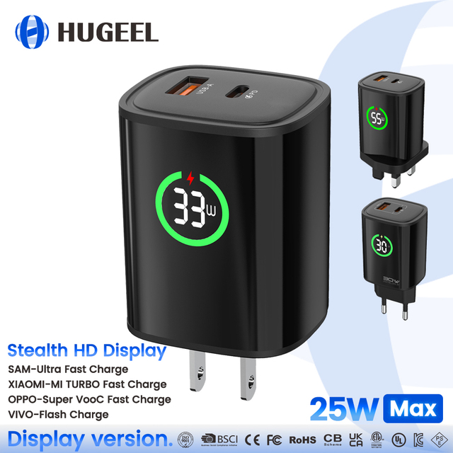 HUGEEL New 25W USB C Charger Travel Type C Adapter With Stealth HD Display PD Fast Charging Chargers for Phone Tablet Charge Kit