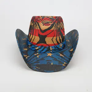 قبعة رجالي بتصميم كلاسيكي على شكل علم الولايات المتحدة الأمريكية بحافة مناسبة لفصل الصيف على شكل كاوبوي غربي على شكل عشب وإسكيليتون على شكل أوراق أشجار لفتحة رأس