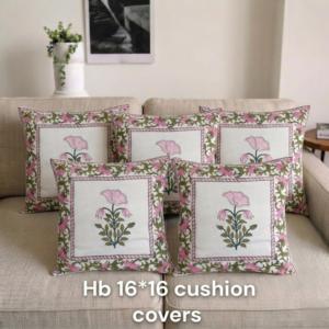 Floral Block Print <b>Cushion</b> Cover <b>Set</b> Cotton Pillow Covers Pink Border 16x16 Decorative <b>Sofa</b> <b>Cushion</b> Covers - Product Image 3