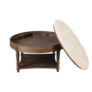 Table basse ottoman ronde capitonnée avec étagère de rangement en bois, style farmhouse, 2 niveaux, plateau surdimensionné à boutons - Product Image 5