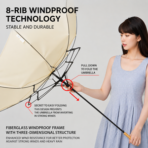 Parapluie droit coupe-vent 65 m/s avec poignée incurvée en bambou, cadre en fibre de verre 14 mm, UPF50+, diamètre 109 cm, 490 g, personnalisable avec logo, idéal pour cadeaux d'entreprise - Product Image 3