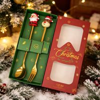 Coffret Cadeau de Noël 2 4 6 Pièces Ensemble de Couverts en Acier Inoxydable Doré Cuillère à Dessert Fourchette avec Manche Dessin Animé pour Fêtes de Fin d'Année