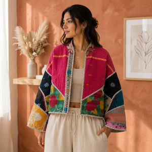 Veste courte en coton floral respirant, patchwork réversible, style bohème, faite à la main en Inde, pour femmes, automne/hiver - Product Image 2