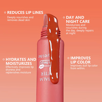 Huile à lèvres hydratante teintée au beurre végétalien en tube souple, soin fruité, effet éclat, marque privée, baume à lèvres végétalien brillant, vente en gros