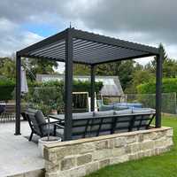 Pergola 12 x 10, 4x8, à lames orientables, système de toit rétractable en aluminium bioclimatique, résistant aux intempéries, réglable, éclairage LED, balcon