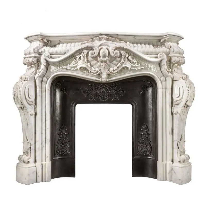 large and elaborately carved Rococo style natural marble mantels fireplace surround