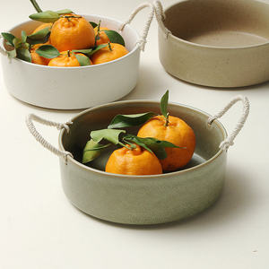 Rustic Ceramic Bowl With Rope Handles 8-11.9in Depth <b>Kitchen</b> <b>Storage</b> Eco-Friendly Design For Fruit Serving - Product Image 3