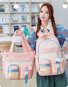 Mochila para estudiantes de secundaria para niñas, colocación de colores a la moda con patrón de logotipo para campus de escuela secundaria - Product Image 5
