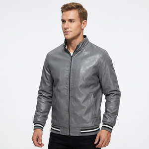 Blouson Bomber Homme en Cuir Véritable Gris, Col Montant, Manteau en Cuir de Vachette avec Bordure en Tricot Côtelé Rayé, Style Classique Personnalisé, Vêtement d'Extérieur Chaud pour l'Hiver - Product Image 1