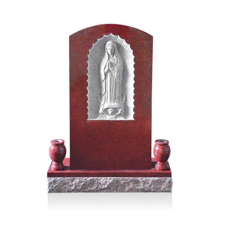 Red Granite Headstone Grave Virgin Mary Stone Monuments For USA