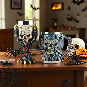 Copa retro de acero inoxidable con calavera, taza de doble pared para beber, taza gótica para fiestas, vaso para bebidas de Halloween, adorno de resina - Product Image 4