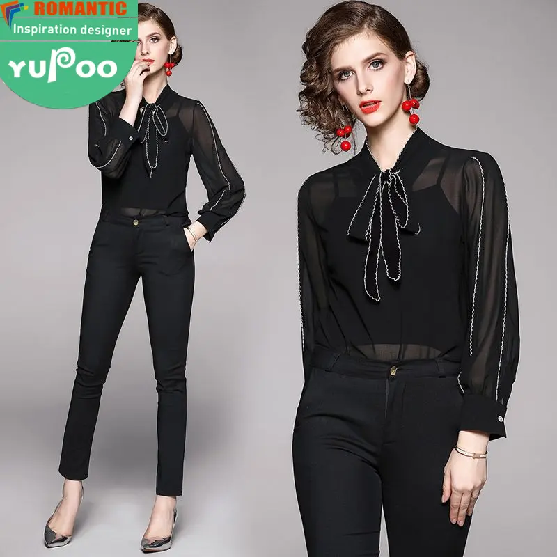 Fabrik großhandel niedrigen preis herbst neue produkt mode elegante bowknot ausschnitt vintage lange hülse schwarze frauen chiffon bluse