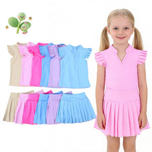 Girls Sportswear Set Sleeveless Top with Pleated Details and <strong>Skirt</strong> with Wave Stitch Hem Built in Shorts - Product Image 1