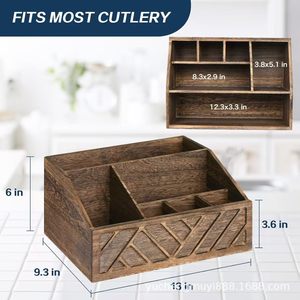 Wooden <b>Storage</b> <b>Tray</b> 4-7 Compartments Rectangle Distressed Finish Multifunctional Serving Organizer For Kitchen Coffee Bar - Product Image 4