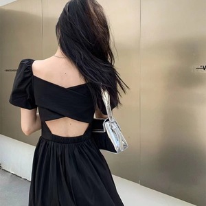 Korean Style French Retro Backless Dress Women's Slim Long Dress Square Collar Empire Waist Daily Casual Breathable Splicing - Product Image 2