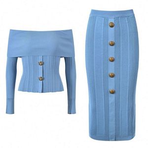 Bettergirl 2024 nouveau français hors épaule sans bretelles Sexy court coupe ajustée minceur haut jupe tempérament tricot <span class=keywords><strong>costume</strong></span> - Product Image 1