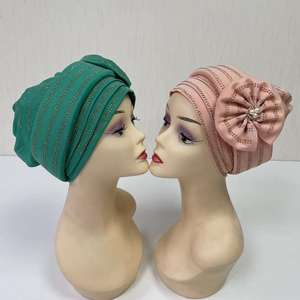 MH-1209 fleur tête couverture strass perles solide tête Wrap Hijab dames fête casquette tête Turban Bonnet pour les femmes - Product Image 4