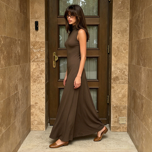 Vestido Maxi de Mujer 2026 con Cuello Alto, Sin Mangas, Línea A, Color Sólido, Cintura Elástica, Dobladillo Acampanado, Casual, Básico - Product Image 3