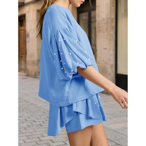 Ensemble de salon d'été pour femmes, 2 pièces, décor perlé, haut à manches courtes bouffantes, jupe-short décontractée - Product Image 5