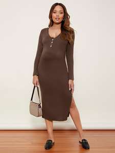 <span class=keywords><strong>Robe</strong></span> boutonnée sur le devant fendue sur les cuisses <span class=keywords><strong>Robe</strong></span> <span class=keywords><strong>enceinte</strong></span> tricotée longue <span class=keywords><strong>Robe</strong></span> de maternité Pyjamas Femmes - Product Image 3