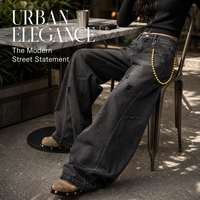 Jeans Baggy a Gamba Larga per Uomo - Pantaloni in Denim Nero Effetto Vissuto con Cuciture Curve - Jeans Streetwear Eleganti e Comodi con Perline Gialle