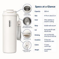 HOOMEY Tasse à café en acier inoxydable 316L 500ml, isolée sous vide, avec couvercle à paille, à boire directement, large ouverture, anti-fuite, pour voiture et bureau