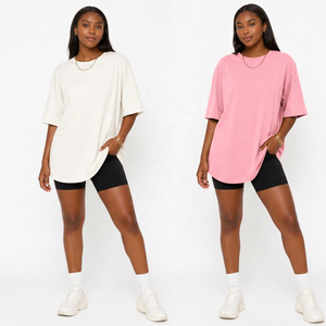 T-shirt ample à manches courtes pour femme, couleur unie, col rond, longueur longue, en jersey de coton respirant - Product Image 1